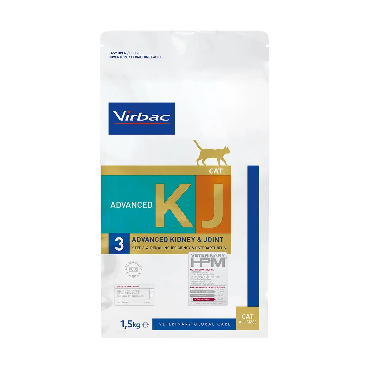 VIRBAC VETERINARY HPM KJ3 Advanced Kidney & Joint Step 3-4 Renal Insufficiency & Osteoarthritis pour chat - 1,5 kg