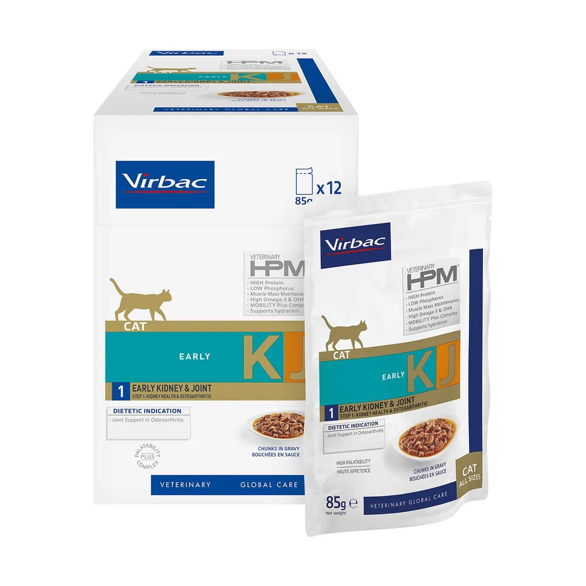 VIRBAC VETERINARY HPM KJ 1 Early Kidney & Joint Step 1 Kidney Health & Osteoarthritis pour chat - 12 sachets de 85 g