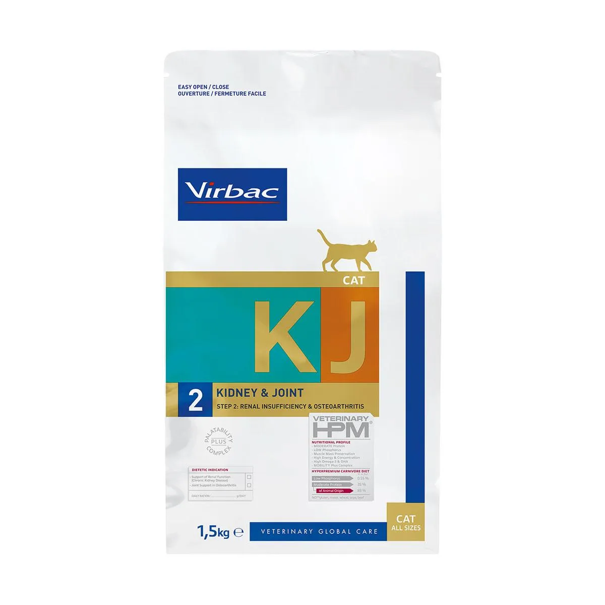 [16359] VIRBAC VETERINARY HPM KJ 2 Kidney & Joint Step 2 Renal Insufficiency & Osteoarthritis pour chat - Sac de 1,5 kg