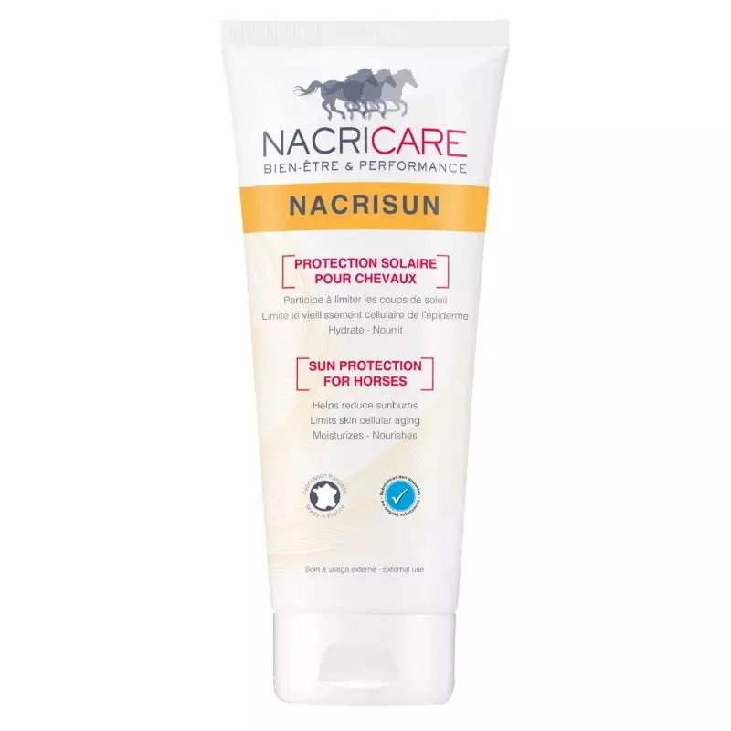 Nacricare Nacrisun – Crème solaire écran total FPS 50 pour chevaux et poneys – Protection UV pour zones sensibles (nez, chanfrein, paturons, base de queue) – Tube 200 ml