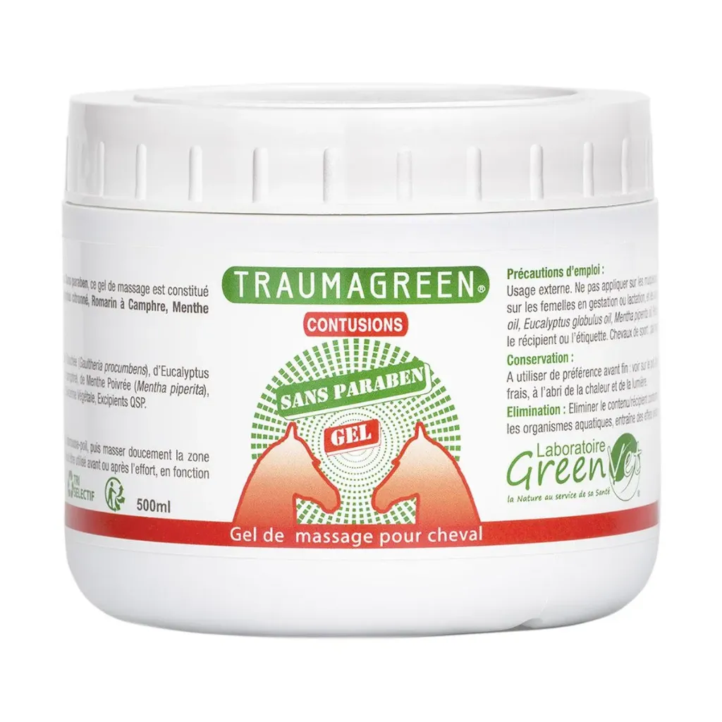 [12230] Traumagreen Greenvet – Gel de massage musculaire et articulaire pour chevaux – Contusions, raideurs et récupération après effort – Pot 500 g