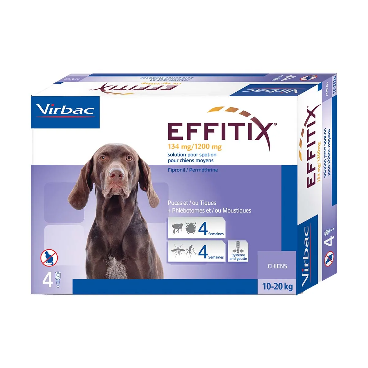 VIRBAC EFFITIX 134mg/1200mg Spot On Anti-puces & Anti-tiques Moyen 10-20 kg pour chien - Boîte de 4 pipettes