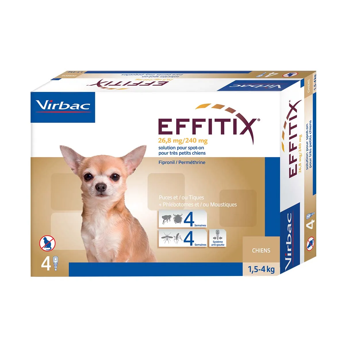 VIRBAC EFFITIX 26,8mg/240mg Spot On Anti-puces & Anti-tiques Très Petit 1,5-4 kg pour chien - Boîte de 4 pipettes
