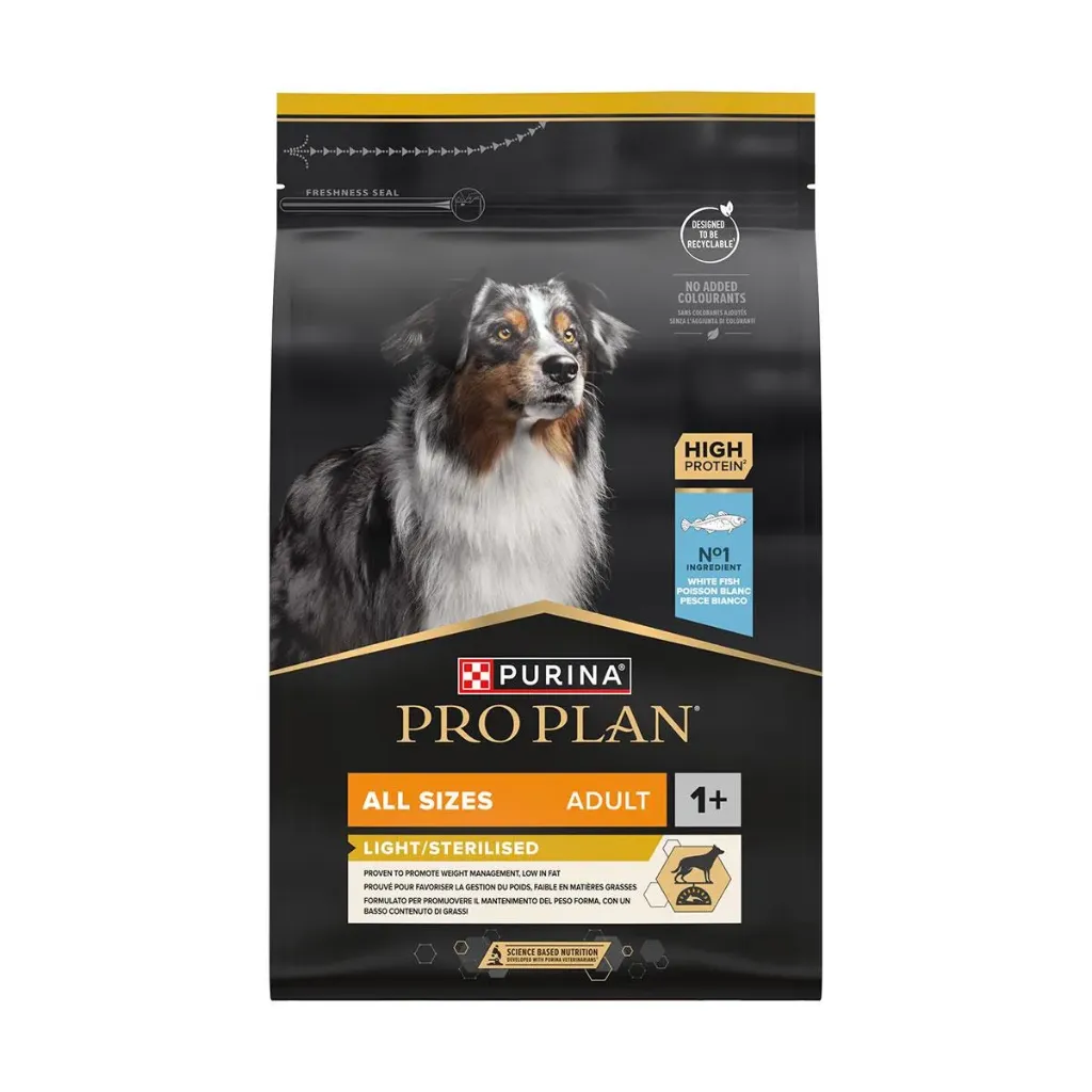 PURINA PRO PLAN Light/Sterilised All Sizes Adult 1+ au poisson pour chien - Sac de 3 kg