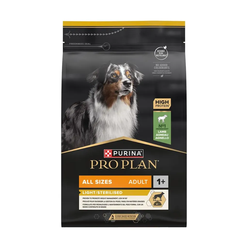PURINA PRO PLAN Light/Sterilised All Sizes Adult 1+ à l'agneau pour chien - Sac de 3 kg